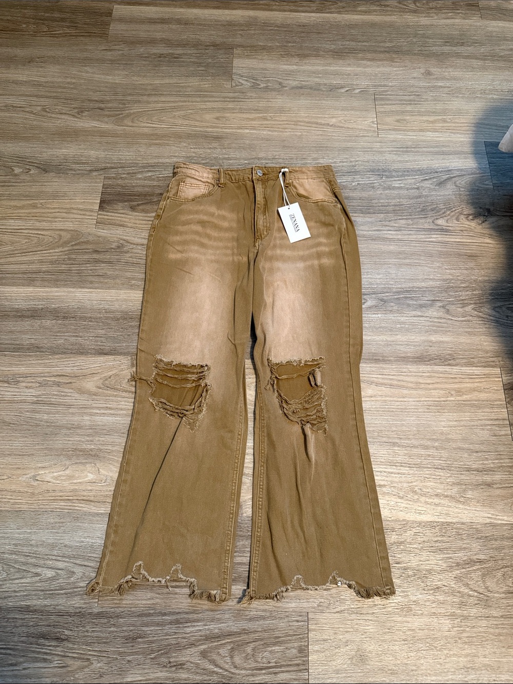 Zenana Outfitters Tan Distressed Wide-Leg Jeans